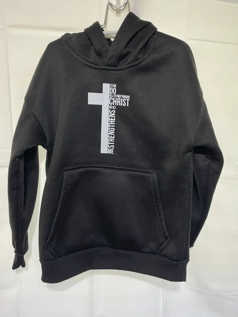 Kids Black Hoodie with Cross and Scripture Philippians 4:13